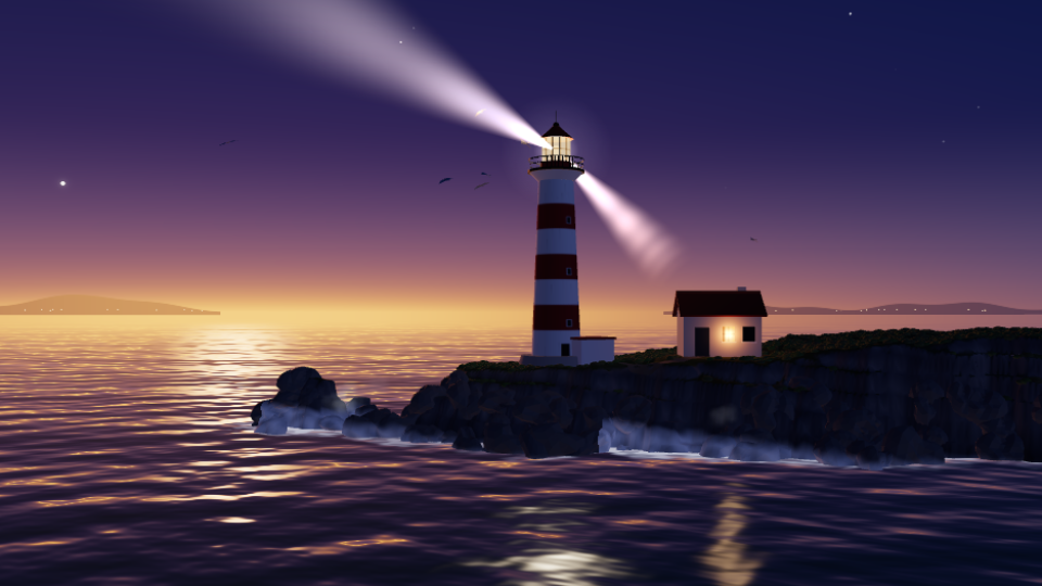 A red-and-white lighthouse sweeping its beams over the sea at dusk, rendered in 3D