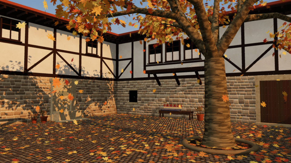 A courtyard with a golden plane tree and fallen leaves before a timber-framed house, rendered in 3D