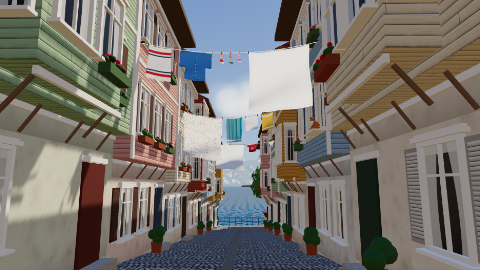 Laundry on lines between colourful wooden houses above a street leading to the sea, rendered in 3D