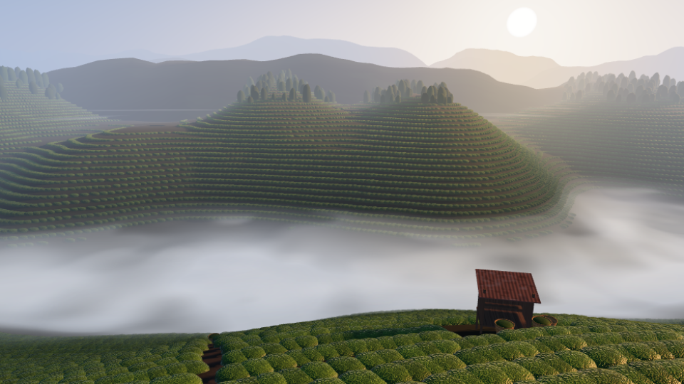 Rows of tea bushes on terraced hills with mist in the valley at dawn, rendered in 3D