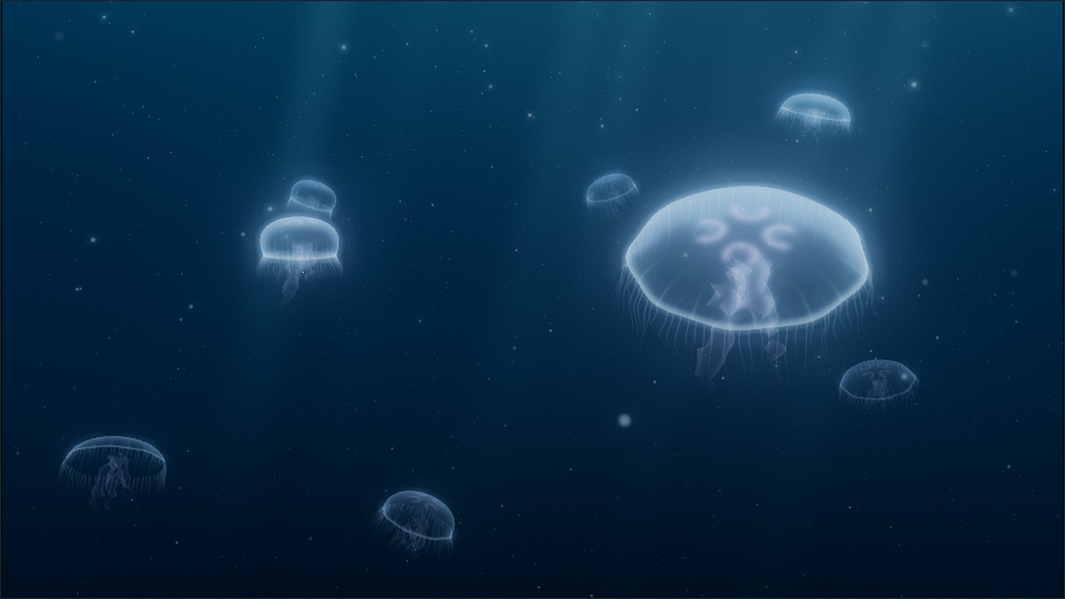 Moon jellyfish glowing in deep blue water, rendered in 3D