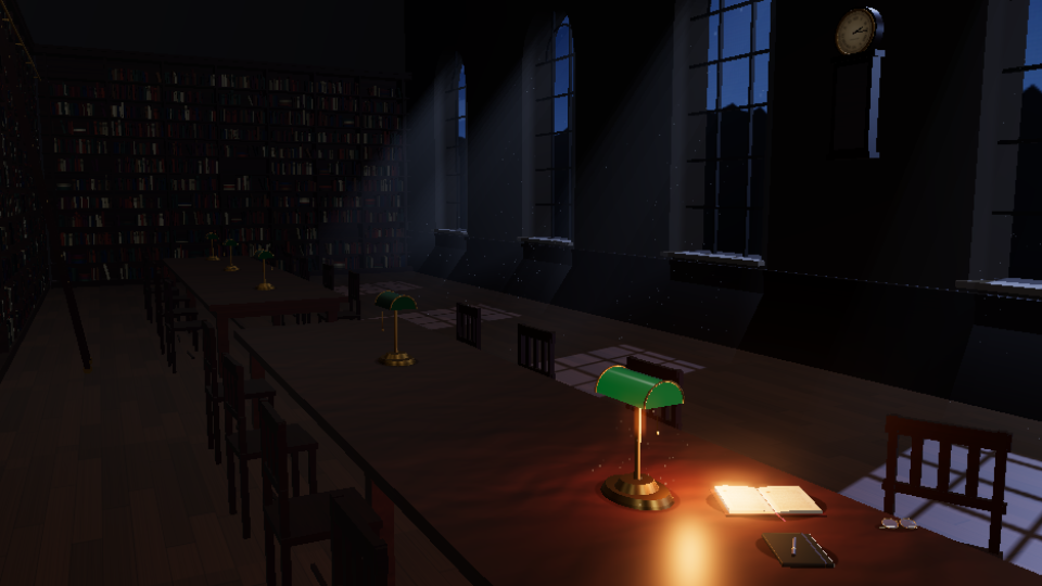 A dark library reading room with one green lamp lit over an open book and moonlight from arched windows, rendered in 3D