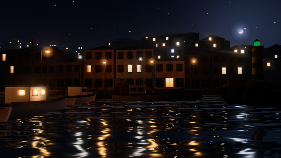 A fishing harbour at night with lamp reflections on calm water and moored wooden boats, rendered in 3D