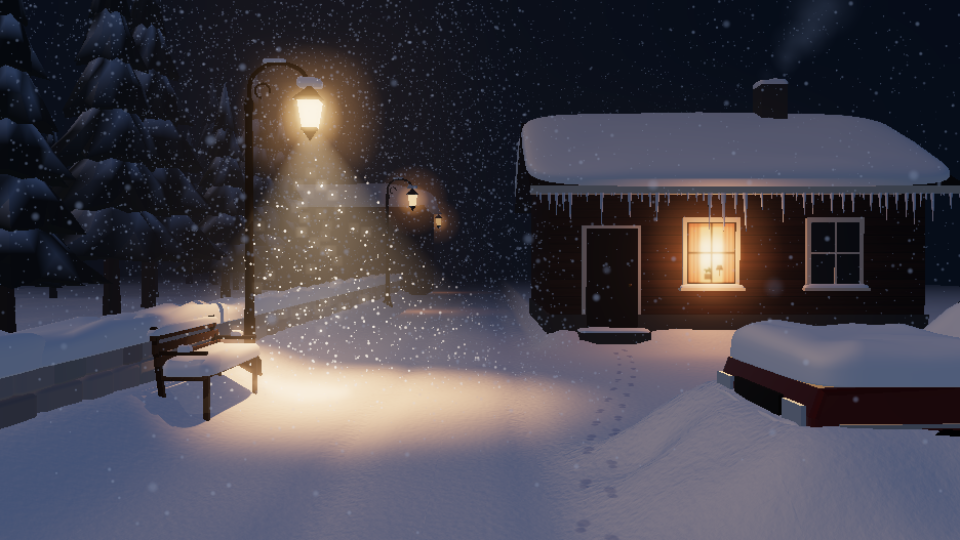 Snow falling through the light of an old street lamp beside a snowy house with a lit window, rendered in 3D