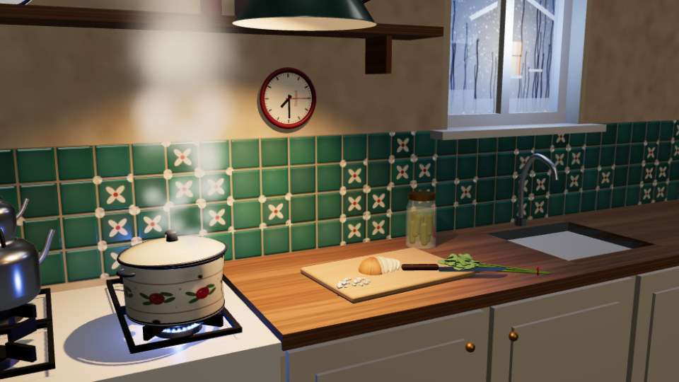 A warm tiled kitchen with a steaming enamel pot on a gas stove, rendered in 3D
