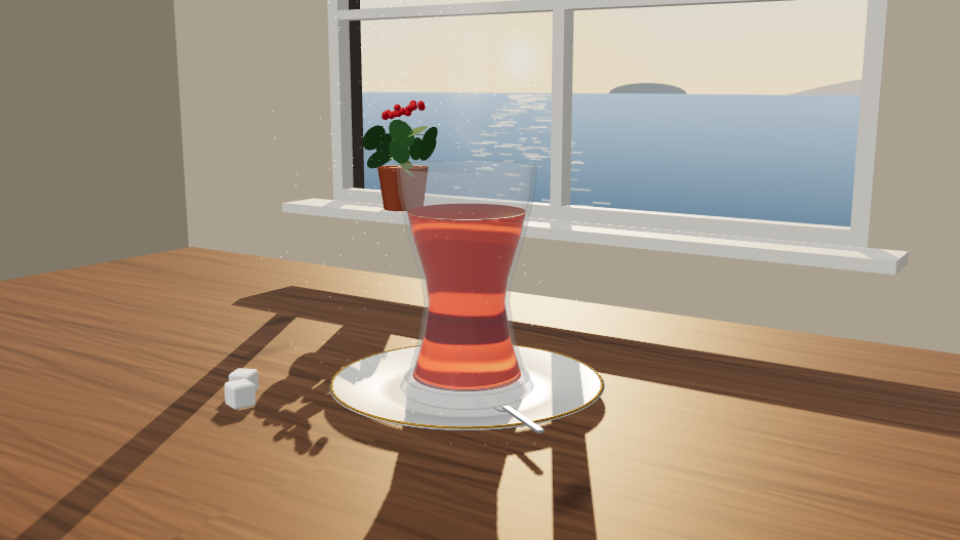 A tulip-shaped glass of tea on a saucer by a sunlit window, rendered in 3D