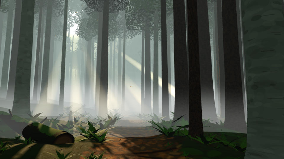 Sunbeams through mist in a spruce and beech forest with ferns and a fallen log, rendered in 3D