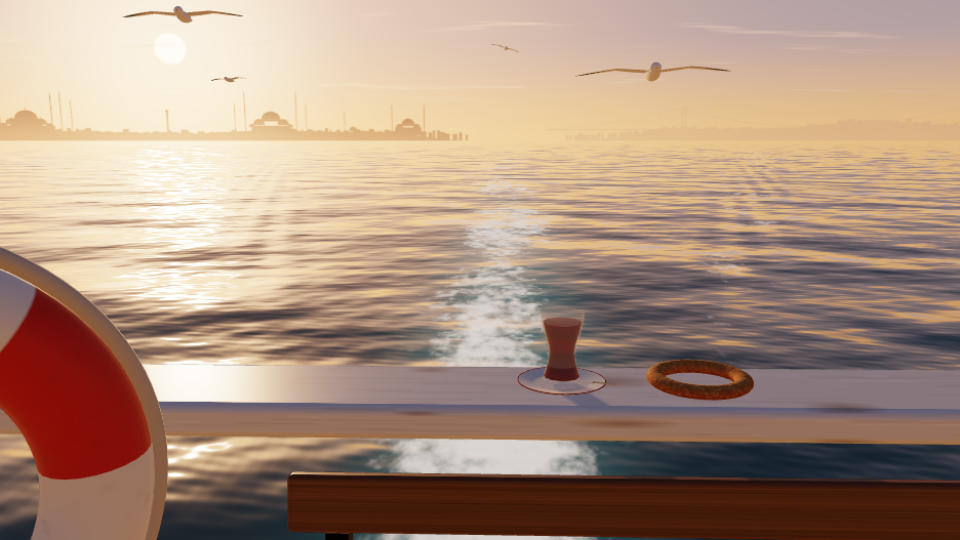 A glass of tea and a simit on a ferry rail above the wake at golden hour, rendered in 3D