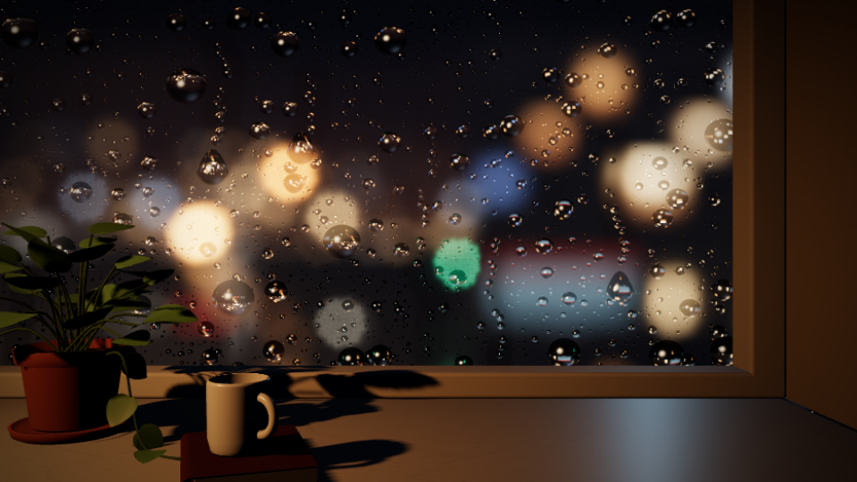 Raindrops on a window at night in front of blurred city lights, with a plant and a mug on the sill, rendered in 3D