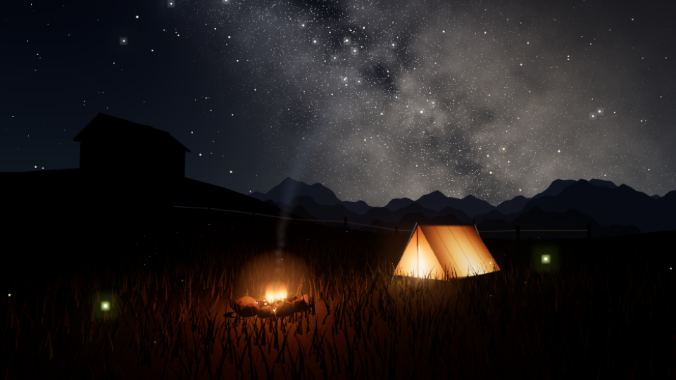 The Milky Way over a plateau with a glowing tent and a campfire, rendered in 3D